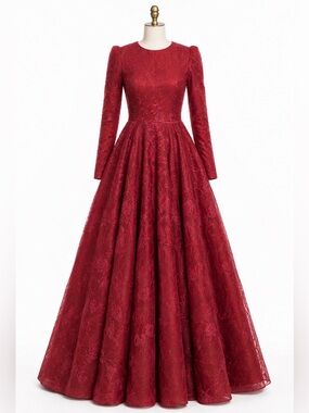 Formal Maroon Long-Sleeve Lace Ball Gown Dress
